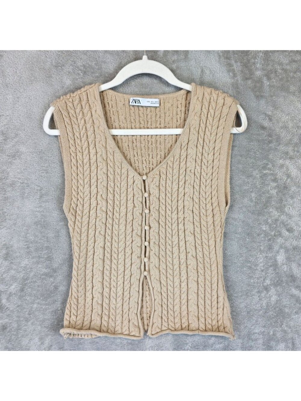 Zara Sweater Vest Womens L Beige Cable Knit Button Front V Neck Sleeveless